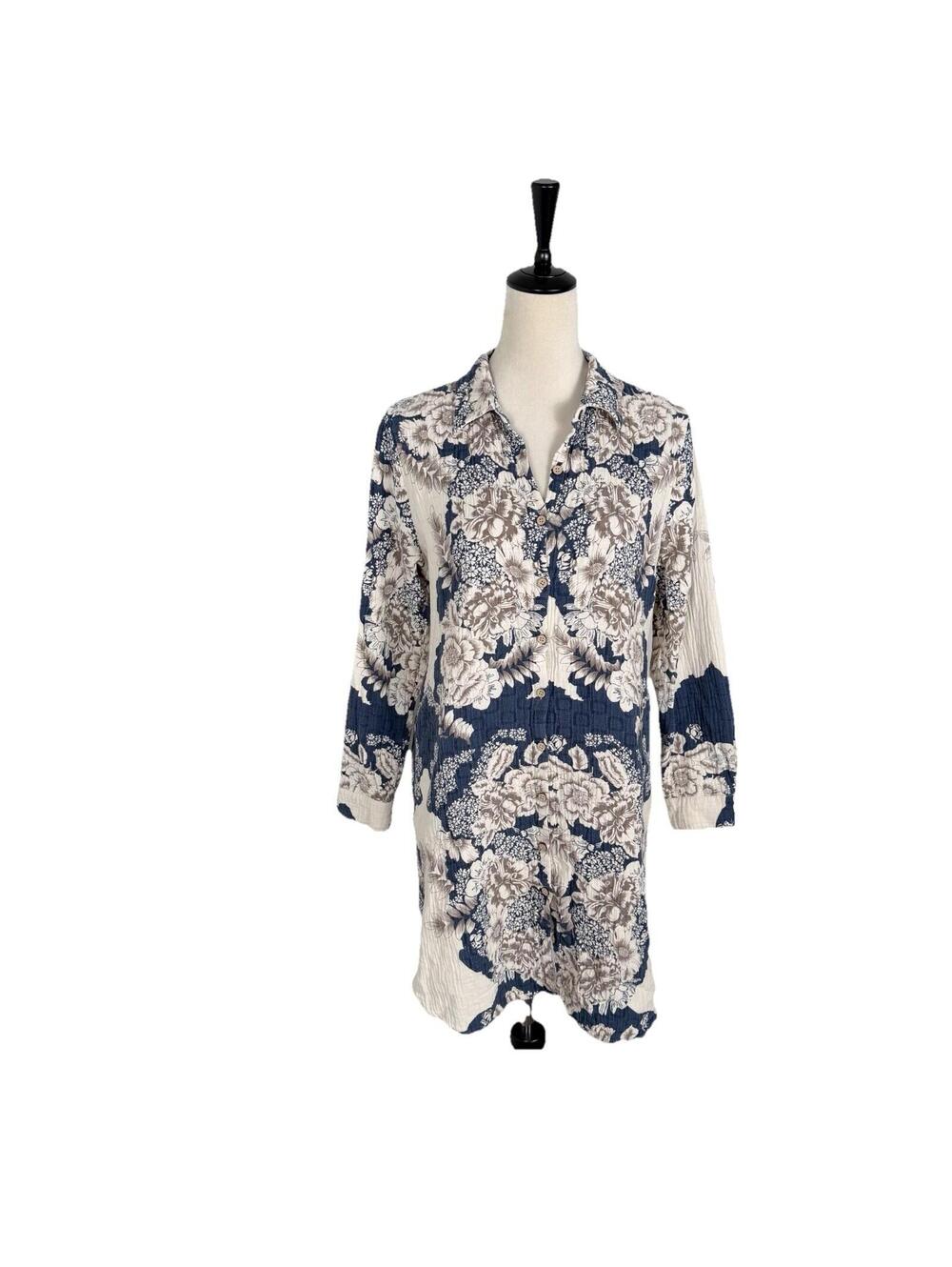 Soft Surroundings St Remy Floral Button-Up Long Sleeve Top Tunic Pockets Large